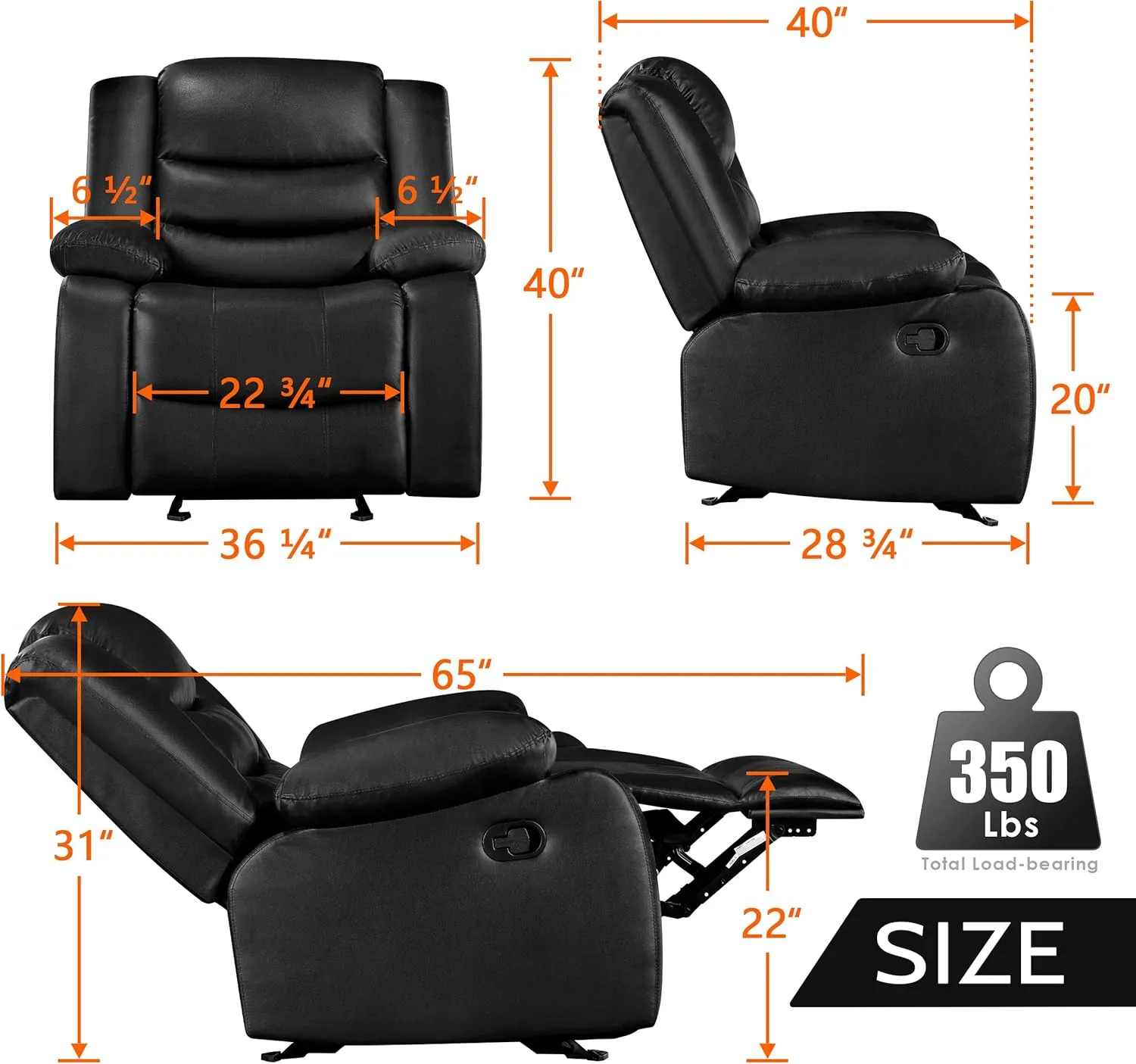 PrimeZone Oversized Rocker Recliner Chair - Comfy Wide Lazy Boy Recliner Chair with Overstuffed Armrest, Faux Leather Manual Reclining Chairs for Living Room, Bedroom, Home Theater Seating, Black