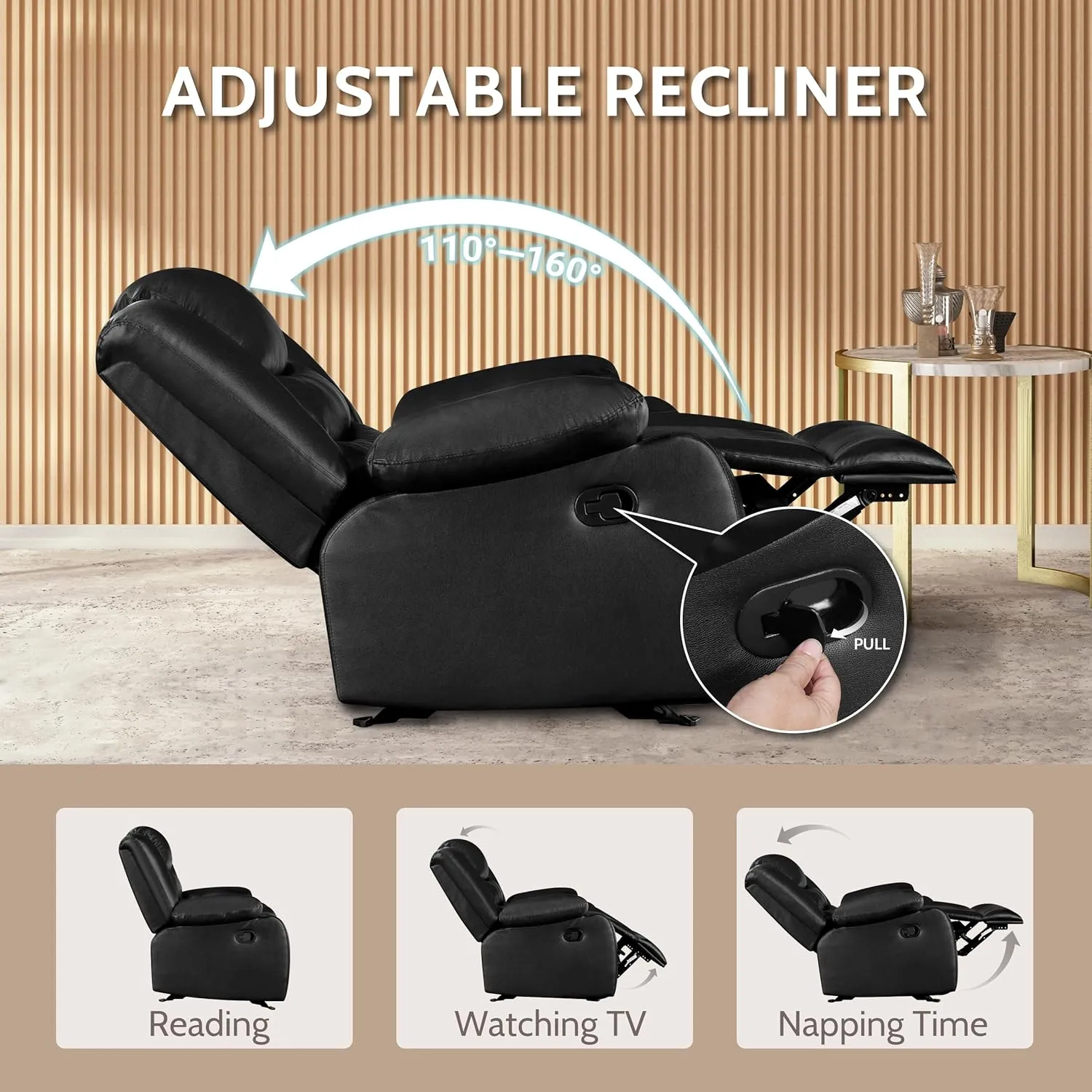 PrimeZone Oversized Rocker Recliner Chair - Comfy Wide Lazy Boy Recliner Chair with Overstuffed Armrest, Faux Leather Manual Reclining Chairs for Living Room, Bedroom, Home Theater Seating, Black