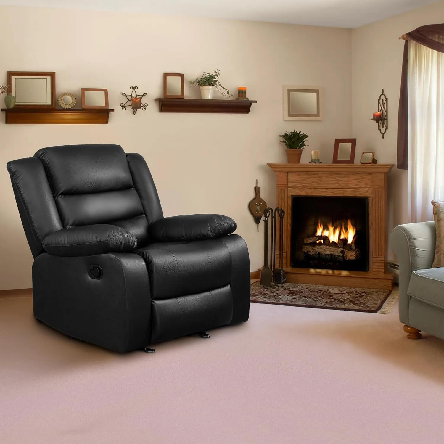 PrimeZone Oversized Rocker Recliner Chair - Comfy Wide Lazy Boy Recliner Chair with Overstuffed Armrest, Faux Leather Manual Reclining Chairs for Living Room, Bedroom, Home Theater Seating, Black
