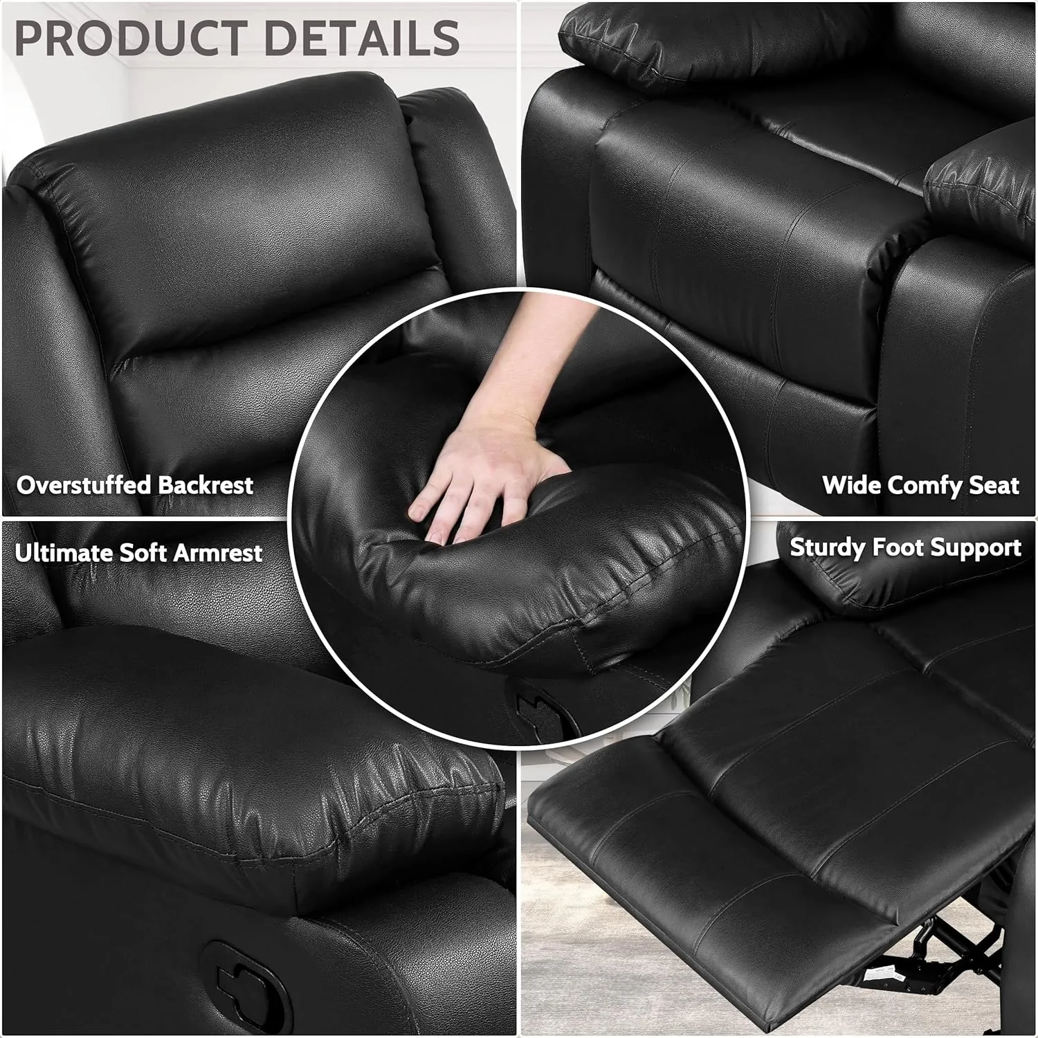 PrimeZone Oversized Rocker Recliner Chair - Comfy Wide Lazy Boy Recliner Chair with Overstuffed Armrest, Faux Leather Manual Reclining Chairs for Living Room, Bedroom, Home Theater Seating, Black
