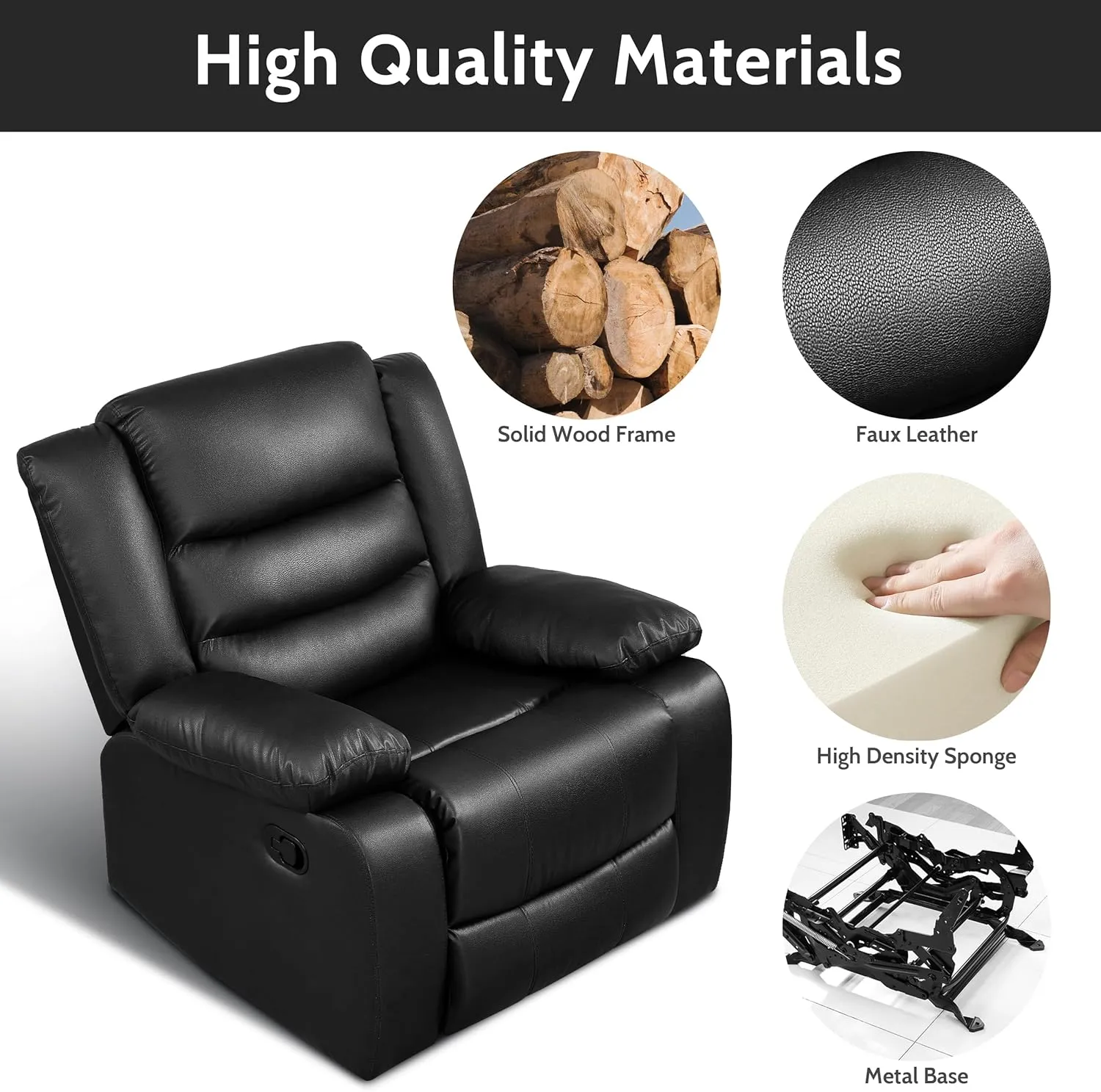 PrimeZone Oversized Rocker Recliner Chair - Comfy Wide Lazy Boy Recliner Chair with Overstuffed Armrest, Faux Leather Manual Reclining Chairs for Living Room, Bedroom, Home Theater Seating, Black
