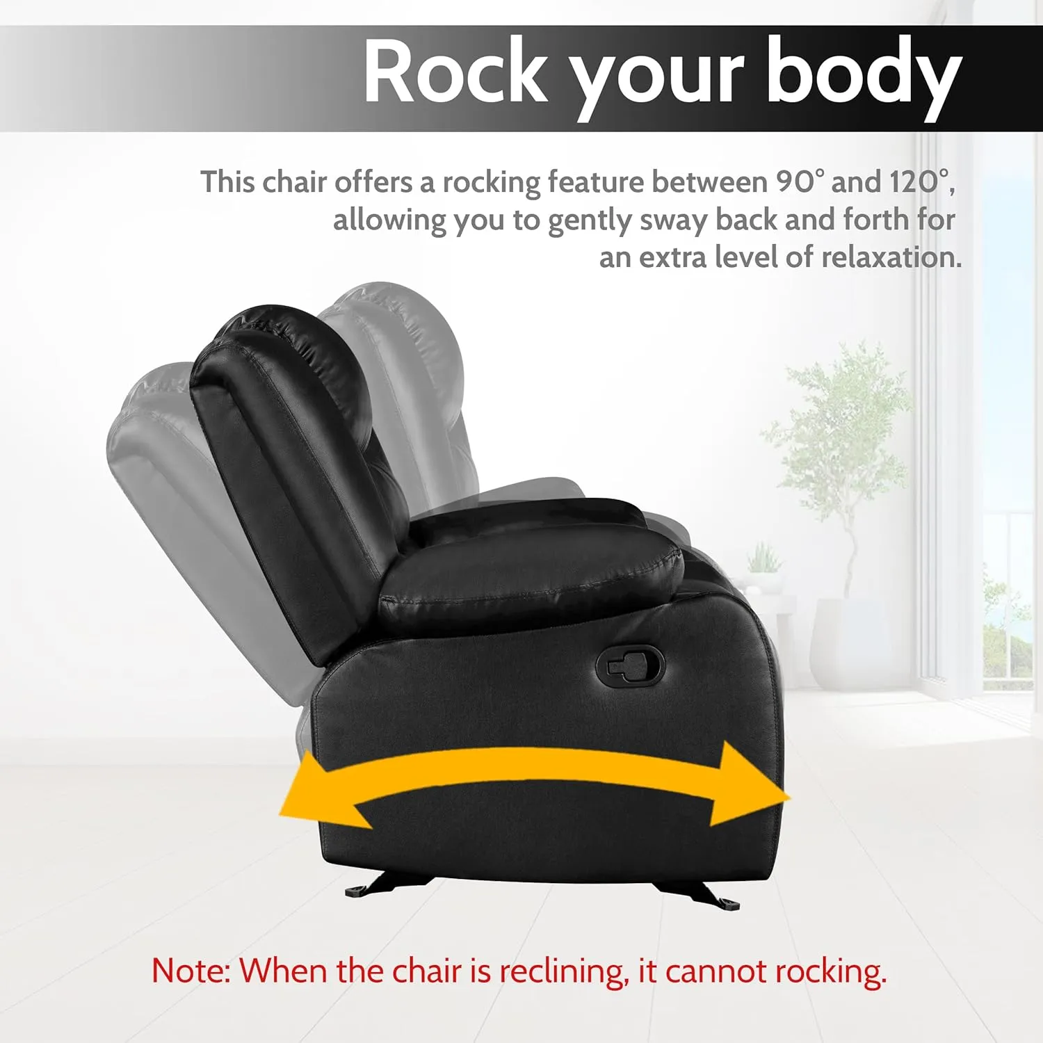 PrimeZone Oversized Rocker Recliner Chair - Comfy Wide Lazy Boy Recliner Chair with Overstuffed Armrest, Faux Leather Manual Reclining Chairs for Living Room, Bedroom, Home Theater Seating, Black