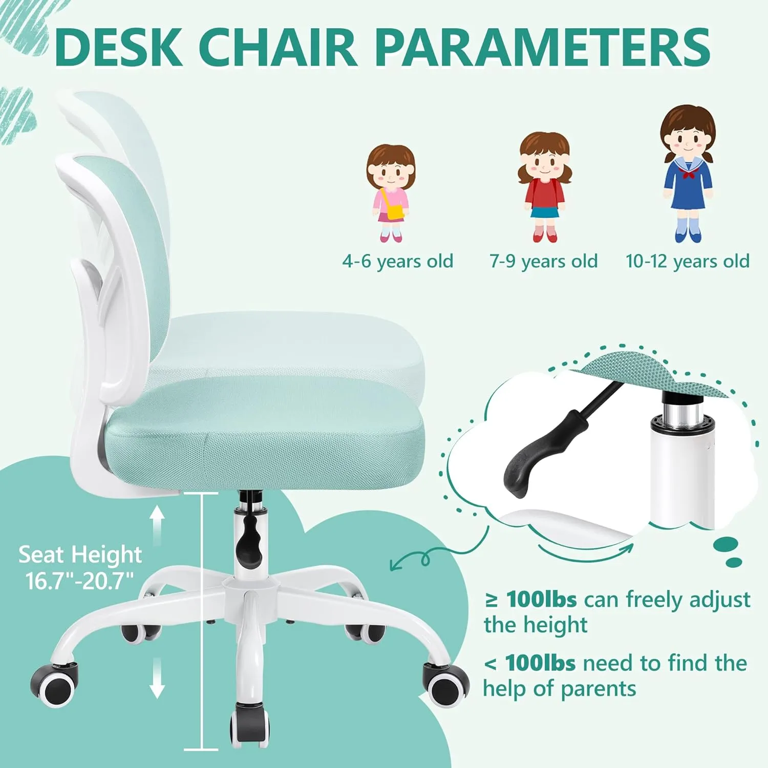 Primy Kids Desk Chair, Pink Study Chair for Boys Girls with Height Adjustable, Swivel Mesh Task Student Chairs for 4-12, Growing Teen Office Chair for Home/School/Office (Light Teal)