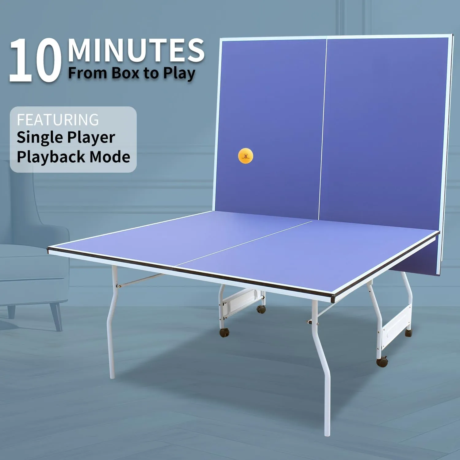 Professional Table Tennis Table, Foldable Ping Pong Game Set for Indoor, 8FT 9FT Single Player Playback Mode Ping Pong Table with Net and Post Set, 2 Paddles and 3 Balls