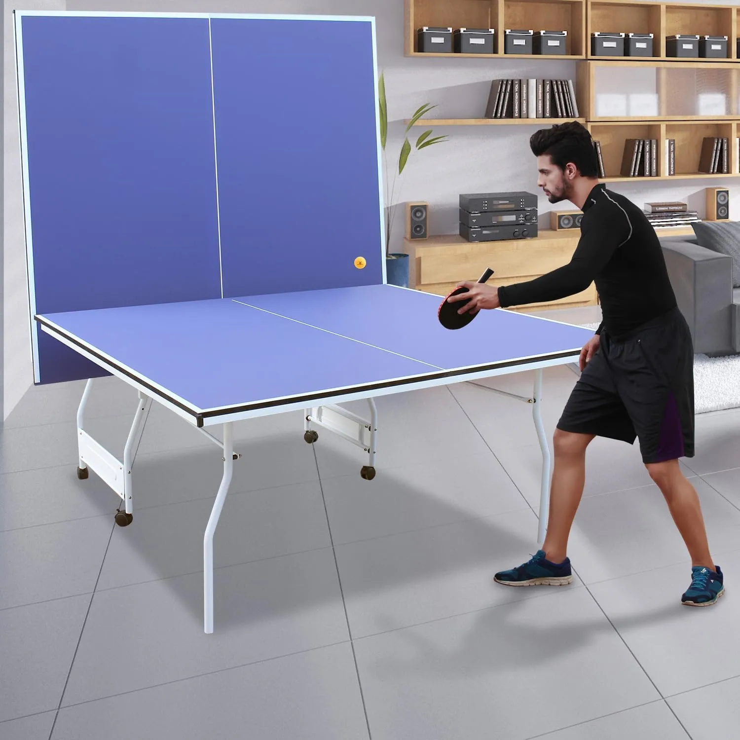 Professional Table Tennis Table, Foldable Ping Pong Game Set for Indoor, 8FT 9FT Single Player Playback Mode Ping Pong Table with Net and Post Set, 2 Paddles and 3 Balls