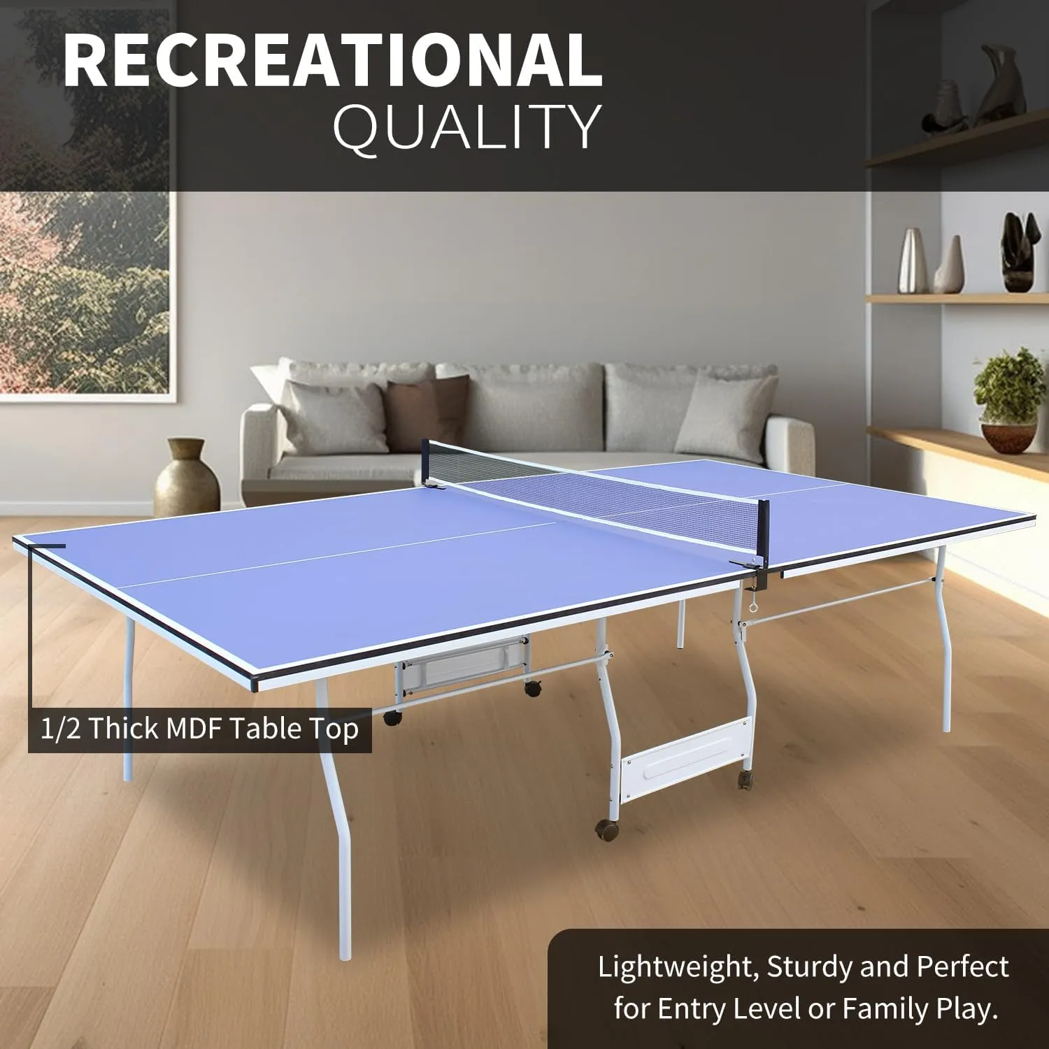 Professional Table Tennis Table, Foldable Ping Pong Game Set for Indoor, 8FT 9FT Single Player Playback Mode Ping Pong Table with Net and Post Set, 2 Paddles and 3 Balls