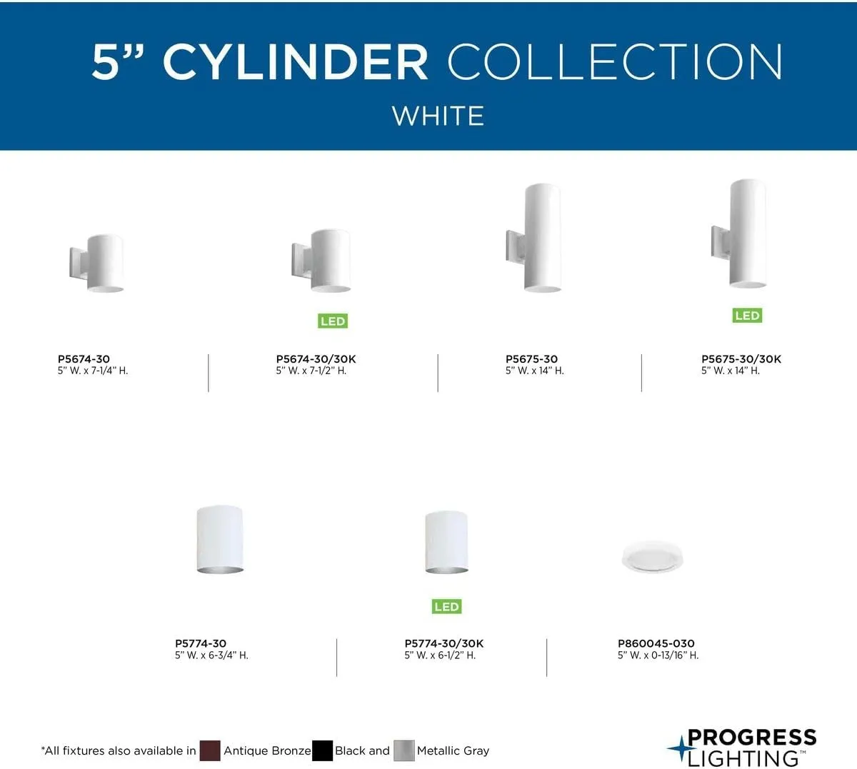 Progress Lighting P5674-30 5in Cylinder Modern Outdoor Wall Lantern Light, 7-1/4 Inch Tall, White