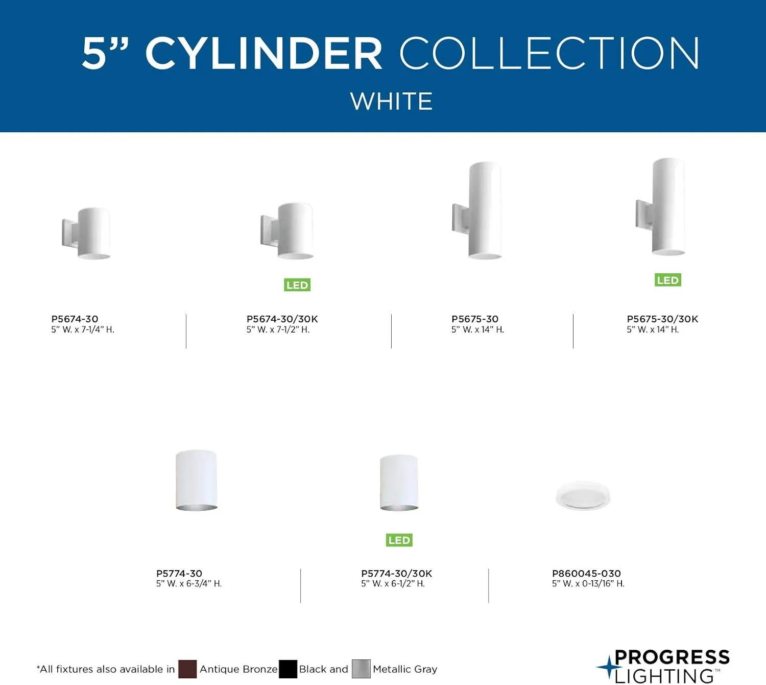 Progress Lighting P5674-30 5in Cylinder Modern Outdoor Wall Lantern Light, 7-1/4 Inch Tall, White