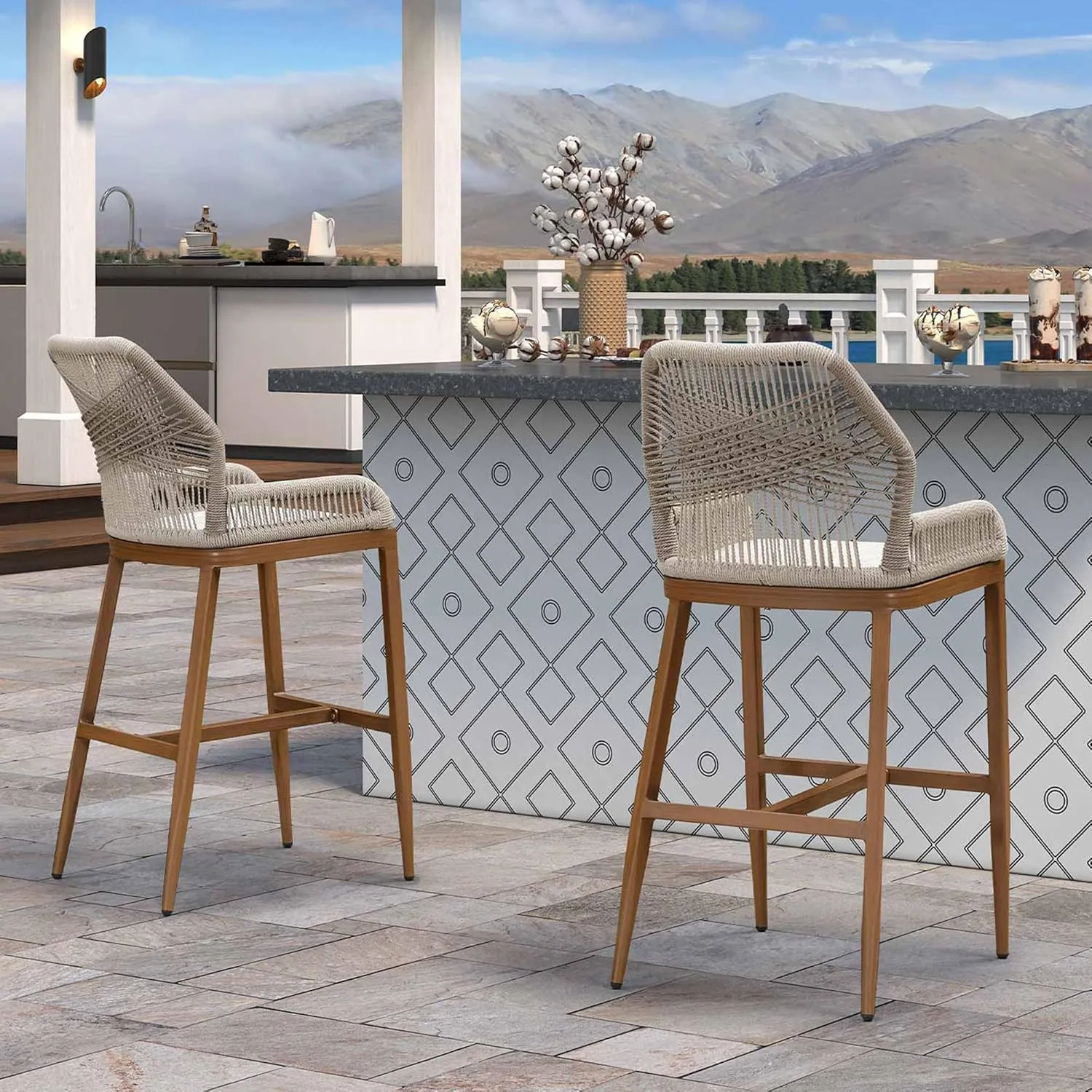 PURPLE LEAF 2 Pieces Bar Stools Patio Modern Rattan Barstools Aluminum Woven Tall Bar Chairs with Cushions for Outdoor Kitchen Island Garden