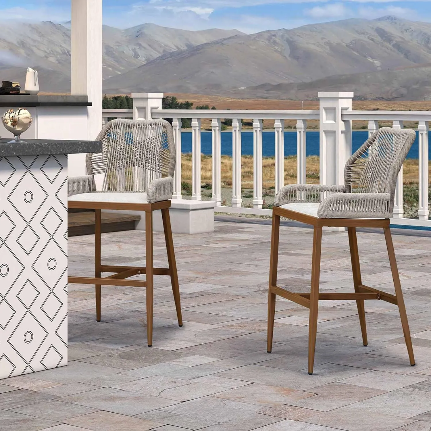 PURPLE LEAF 2 Pieces Bar Stools Patio Modern Rattan Barstools Aluminum Woven Tall Bar Chairs with Cushions for Outdoor Kitchen Island Garden