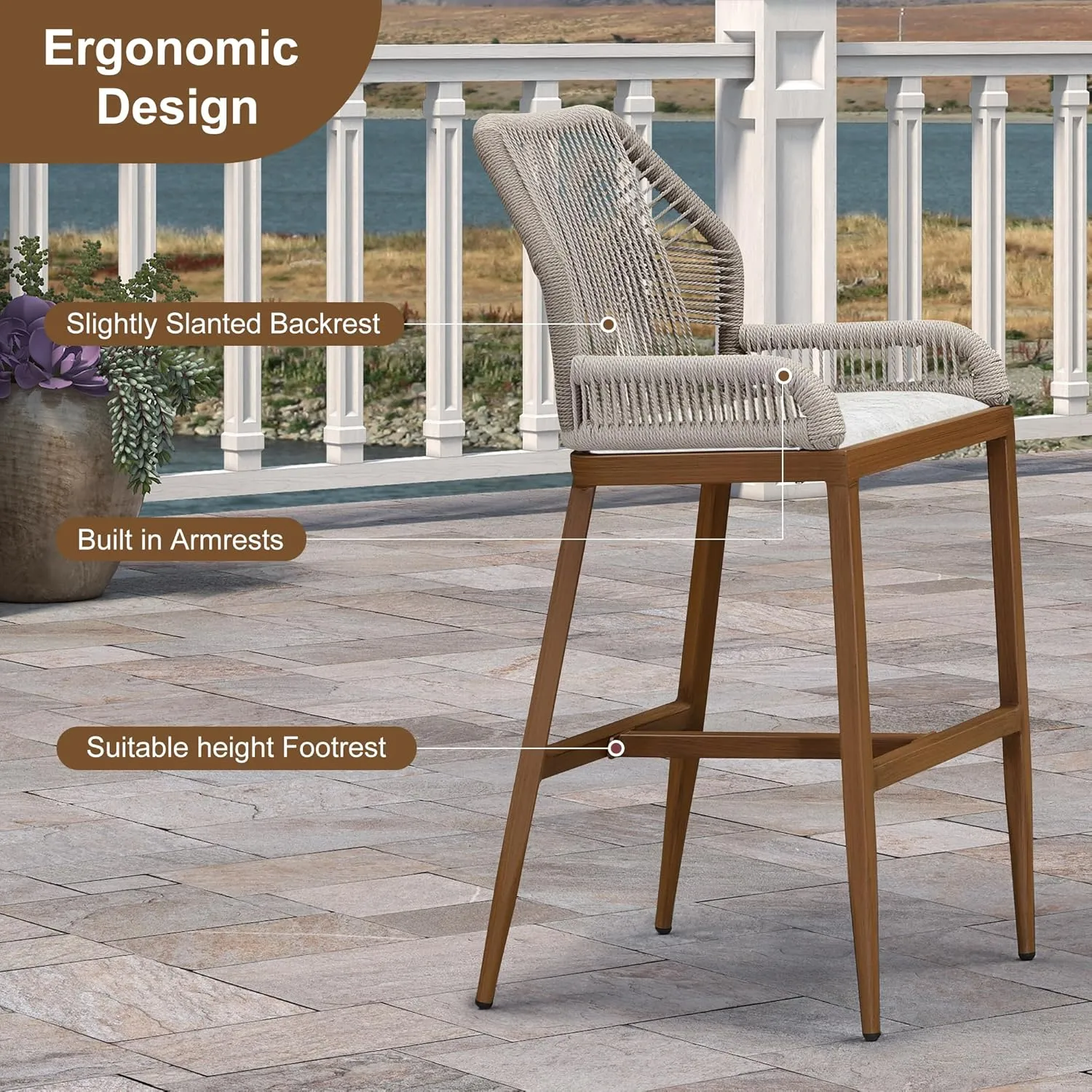 PURPLE LEAF 2 Pieces Bar Stools Patio Modern Rattan Barstools Aluminum Woven Tall Bar Chairs with Cushions for Outdoor Kitchen Island Garden