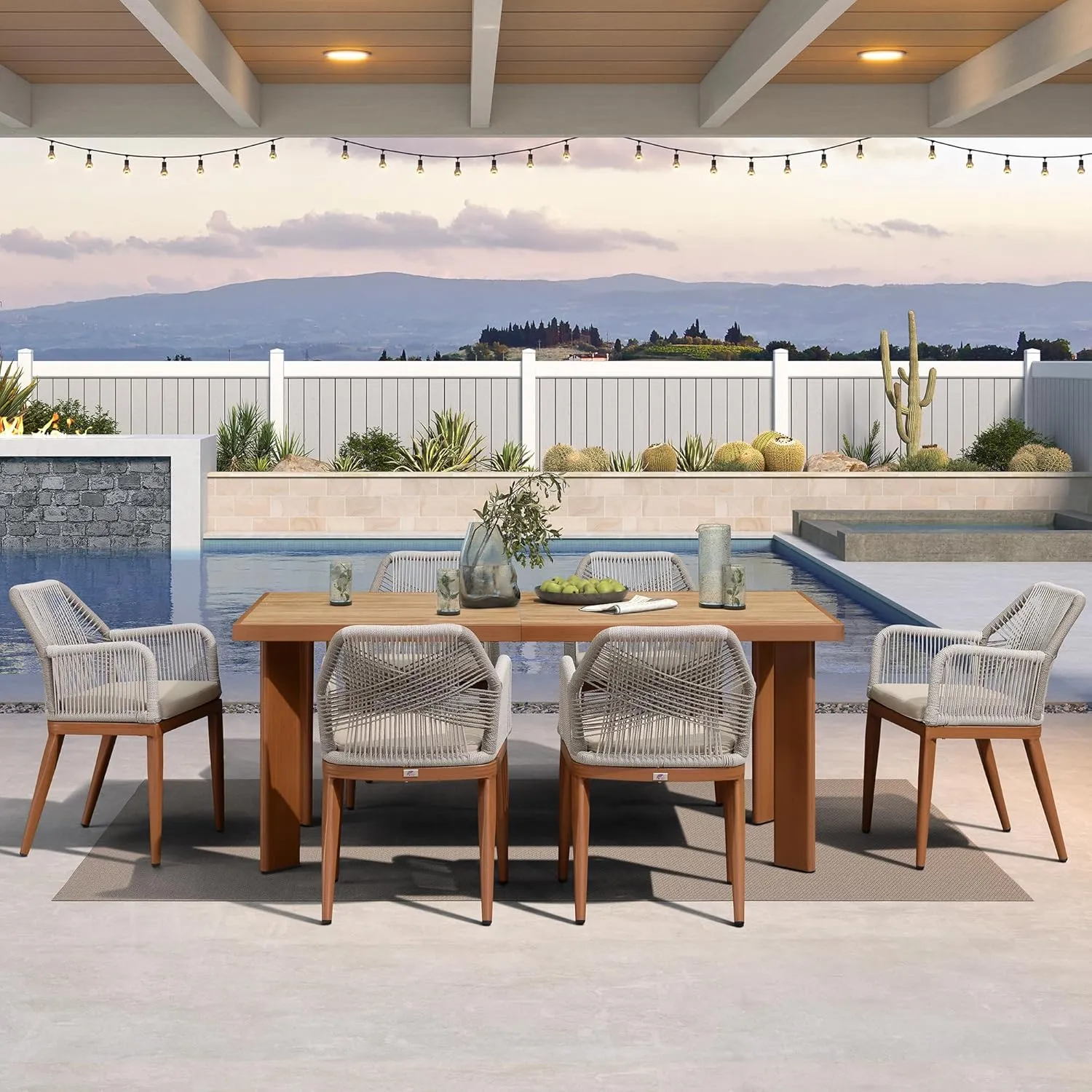 PURPLE LEAF 7 Pieces Patio Dining Set Aluminum Rectangular Table and Rattan Arm Chairs with Cushions for Kitchen Porch Garden Modern Outdoor Furniture Sets