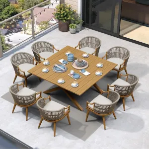 PURPLE LEAF 9 Pieces Outdoor Dining Set All Weather Wicker Patio Dining Set with Square Aluminum Table and Modern Armrest Dining Chairs for Garden Deck Backyard Kitchen, Teak