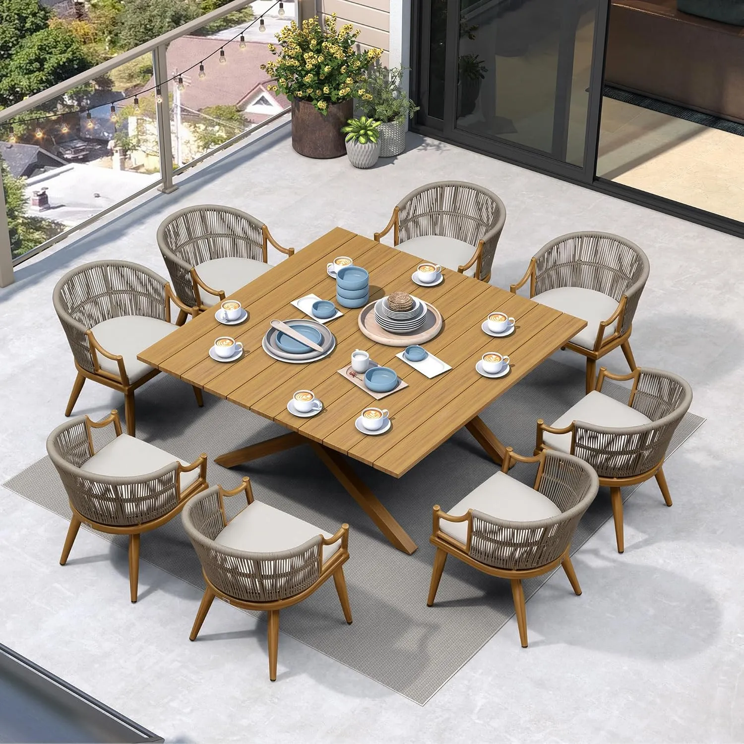 PURPLE LEAF 9 Pieces Outdoor Dining Set All Weather Wicker Patio Dining Set with Square Aluminum Table and Modern Armrest Dining Chairs for Garden Deck Backyard Kitchen, Teak