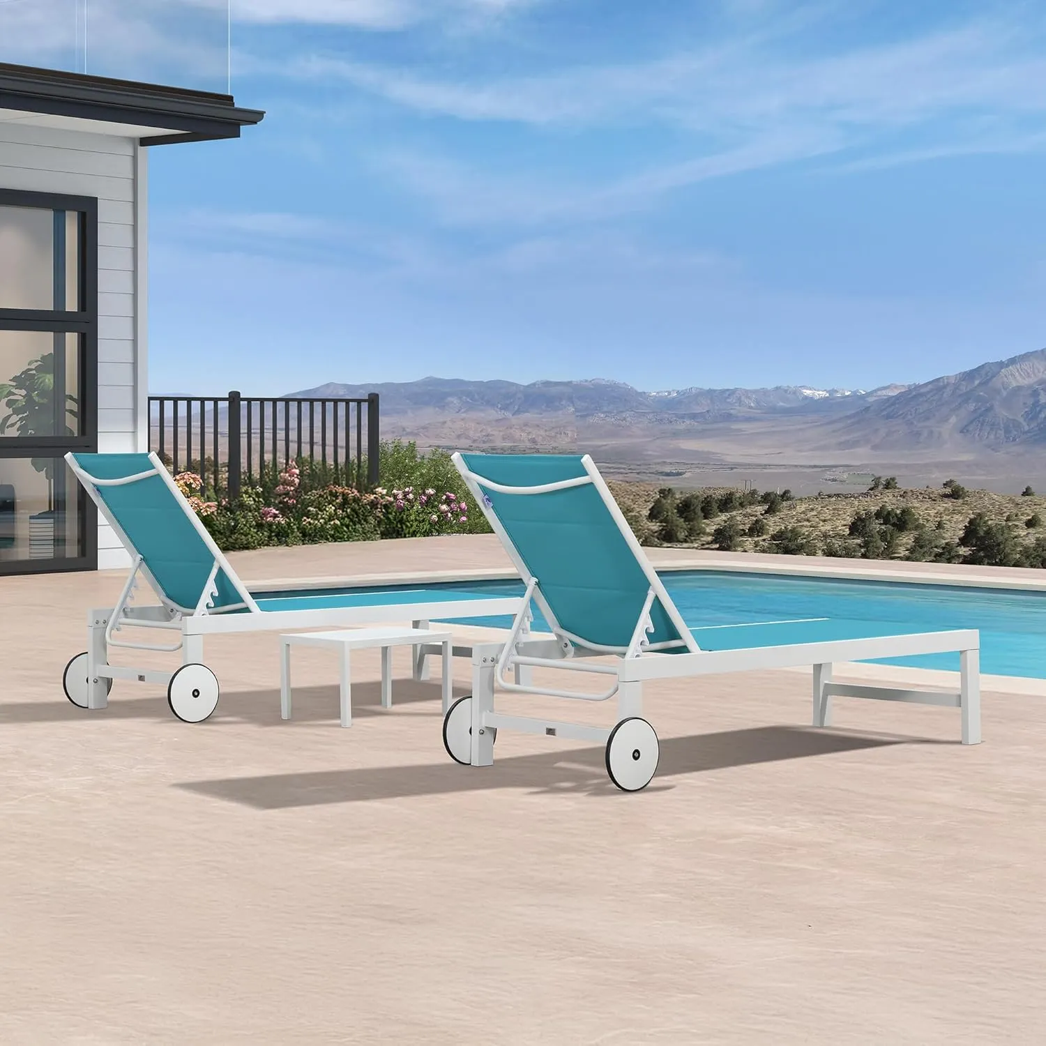 PURPLE LEAF Outdoor Chaise Lounge Set Staight Legs Adjustable Sunbathing Recliner with Side Table for Poolside Beach Outside Patio Aluminum Chaise Lounger Blue