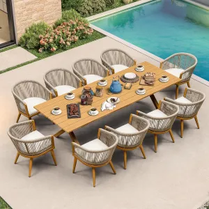 PURPLE LEAF Outdoor Dining Set for 10 All-Weather Aluminum 11 Piece Furniture Sets with Woodgrain Table and Rope Weave Chairs Included Cushions for Backyard Indoor Decor Kitchen Patio Set Teak Color