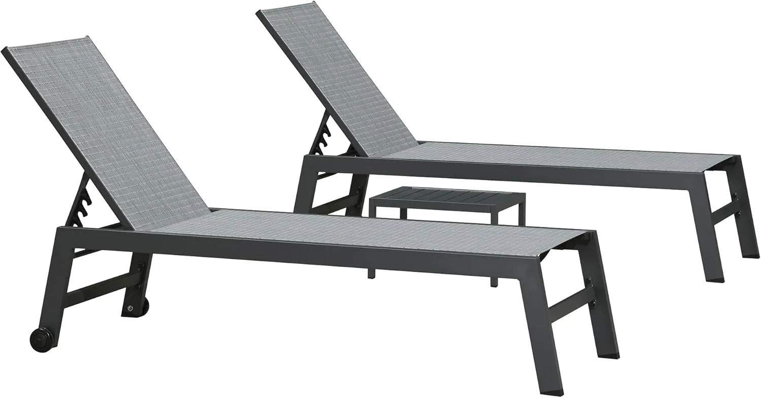 PURPLE LEAF Patio Chaise Lounge Set 2 Pieces Textilene Pool Lounge Chairs with Wheels Sunbathing Chair for Outdoor Yard (2 Mix Gray Lounges W/Side Table)