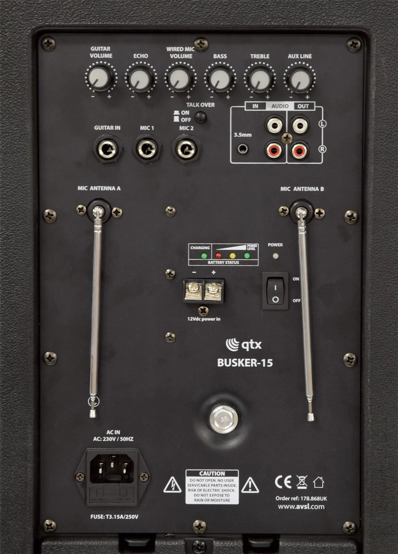 qtx Busker-15 PA   2 x VHF mics   USB/SD/FM/BT