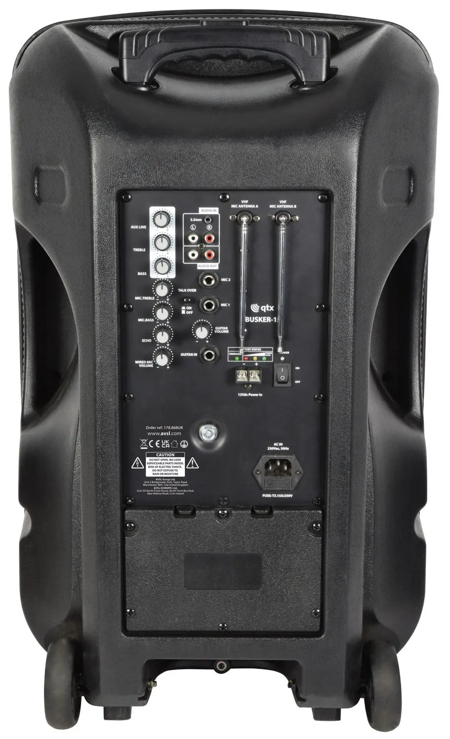 qtx Busker-15 PA   2 x VHF mics   USB/SD/FM/BT