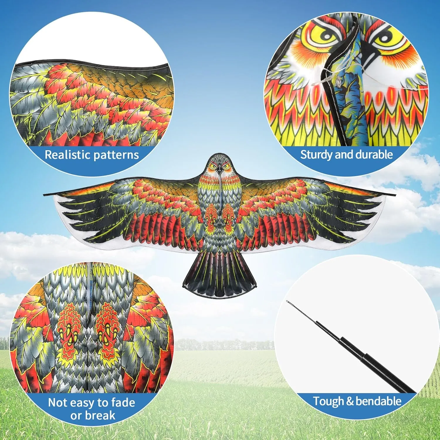 Qualirey 2 Sets Bird Scaring Eagle Flying Kite Bird Scarer Flying Kite Crops Farm Protector Simulated Eagle Scare Device with 12.63 ft Pole for Outdoor Home Yard(Beige Gold, Beige Gray)