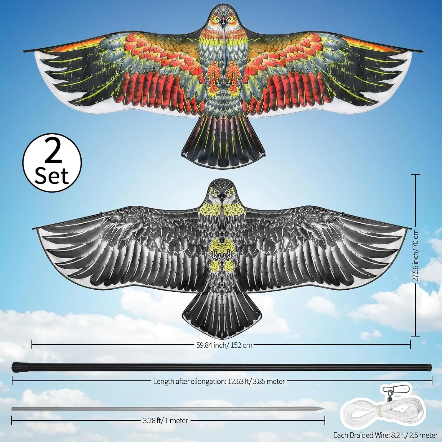 Qualirey 2 Sets Bird Scaring Eagle Flying Kite Bird Scarer Flying Kite Crops Farm Protector Simulated Eagle Scare Device with 12.63 ft Pole for Outdoor Home Yard(Beige Gold, Beige Gray)