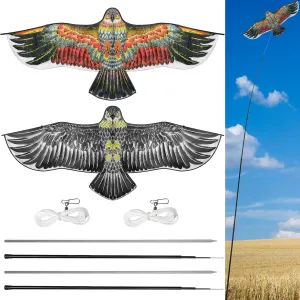 Qualirey 2 Sets Bird Scaring Eagle Flying Kite Bird Scarer Flying Kite Crops Farm Protector Simulated Eagle Scare Device with 12.63 ft Pole for Outdoor Home Yard(Beige Gold, Beige Gray)