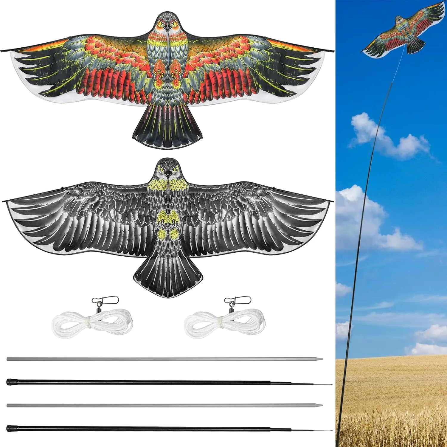 Qualirey 2 Sets Bird Scaring Eagle Flying Kite Bird Scarer Flying Kite Crops Farm Protector Simulated Eagle Scare Device with 12.63 ft Pole for Outdoor Home Yard(Beige Gold, Beige Gray)