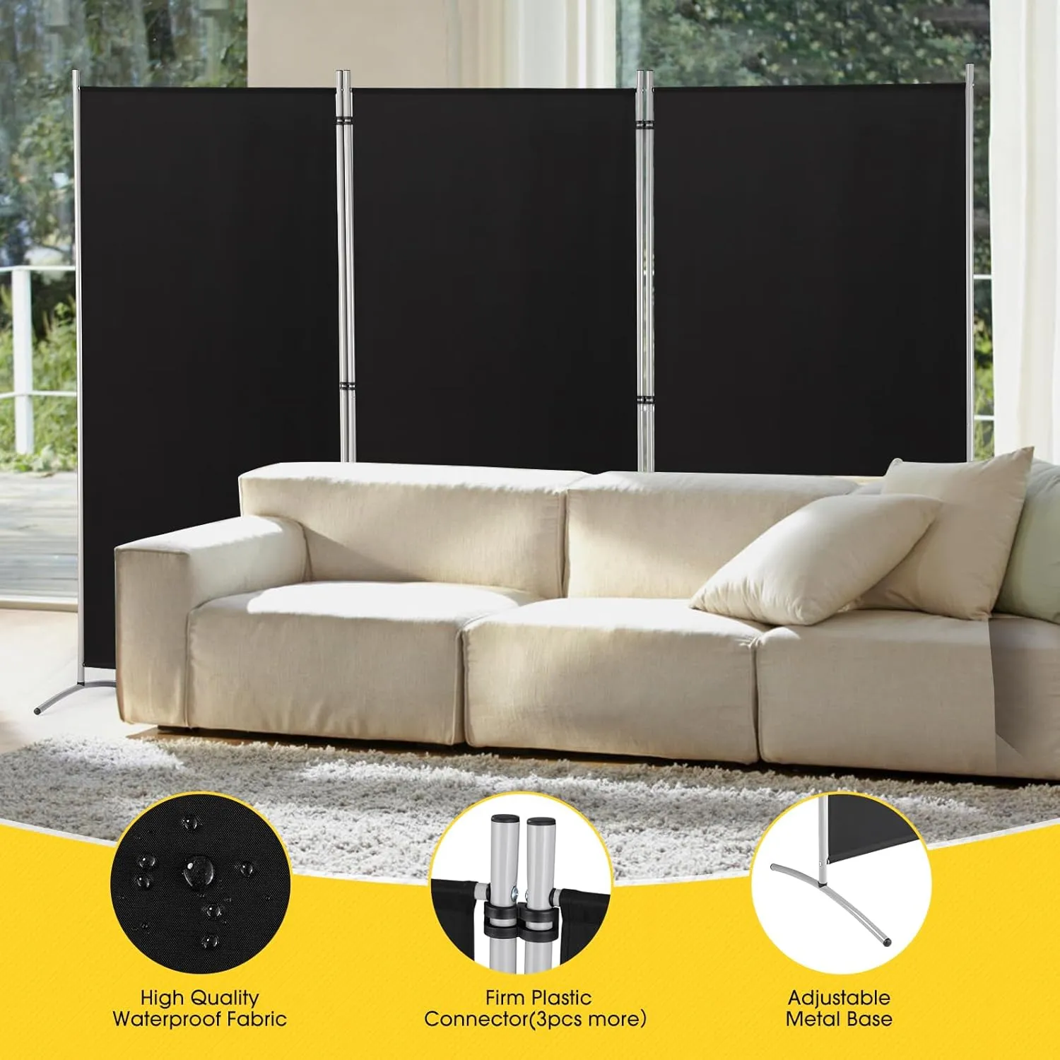 RANTILA 3 Panel Privacy Screen, 6 Ft Tall Folding Privacy Screen Room Dividers, Freestanding Room Partition Wall Dividers, 102''W x 20''D x 71''H, Black