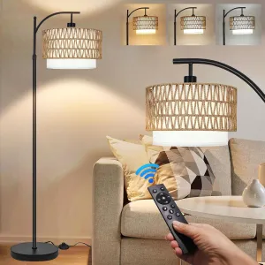 Rattan Boho Floor Lamp with 3 Color Temperatures, Remote Controlled, Dimmable Wicker Shades