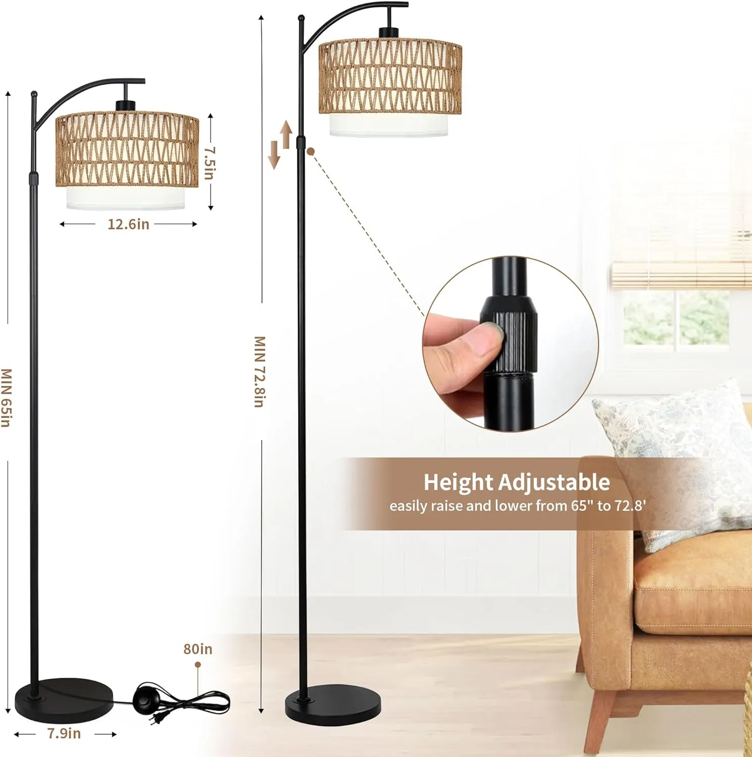Rattan Boho Floor Lamp with 3 Color Temperatures, Remote Controlled, Dimmable Wicker Shades