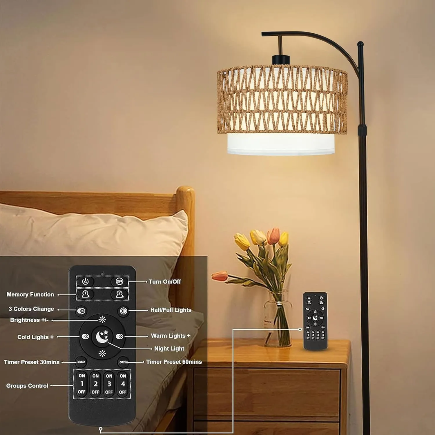 Rattan Boho Floor Lamp with 3 Color Temperatures, Remote Controlled, Dimmable Wicker Shades