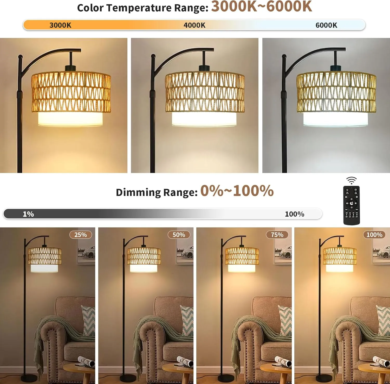 Rattan Boho Floor Lamp with 3 Color Temperatures, Remote Controlled, Dimmable Wicker Shades