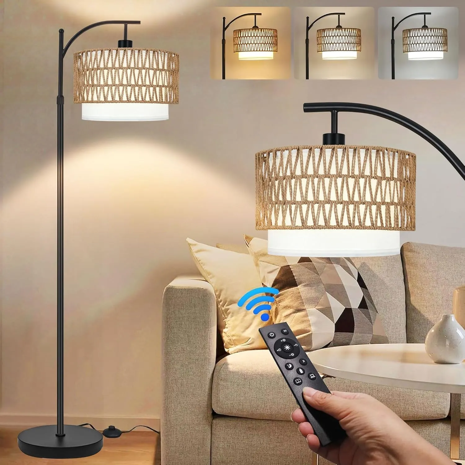 Rattan Boho Floor Lamp with 3 Color Temperatures, Remote Controlled, Dimmable Wicker Shades