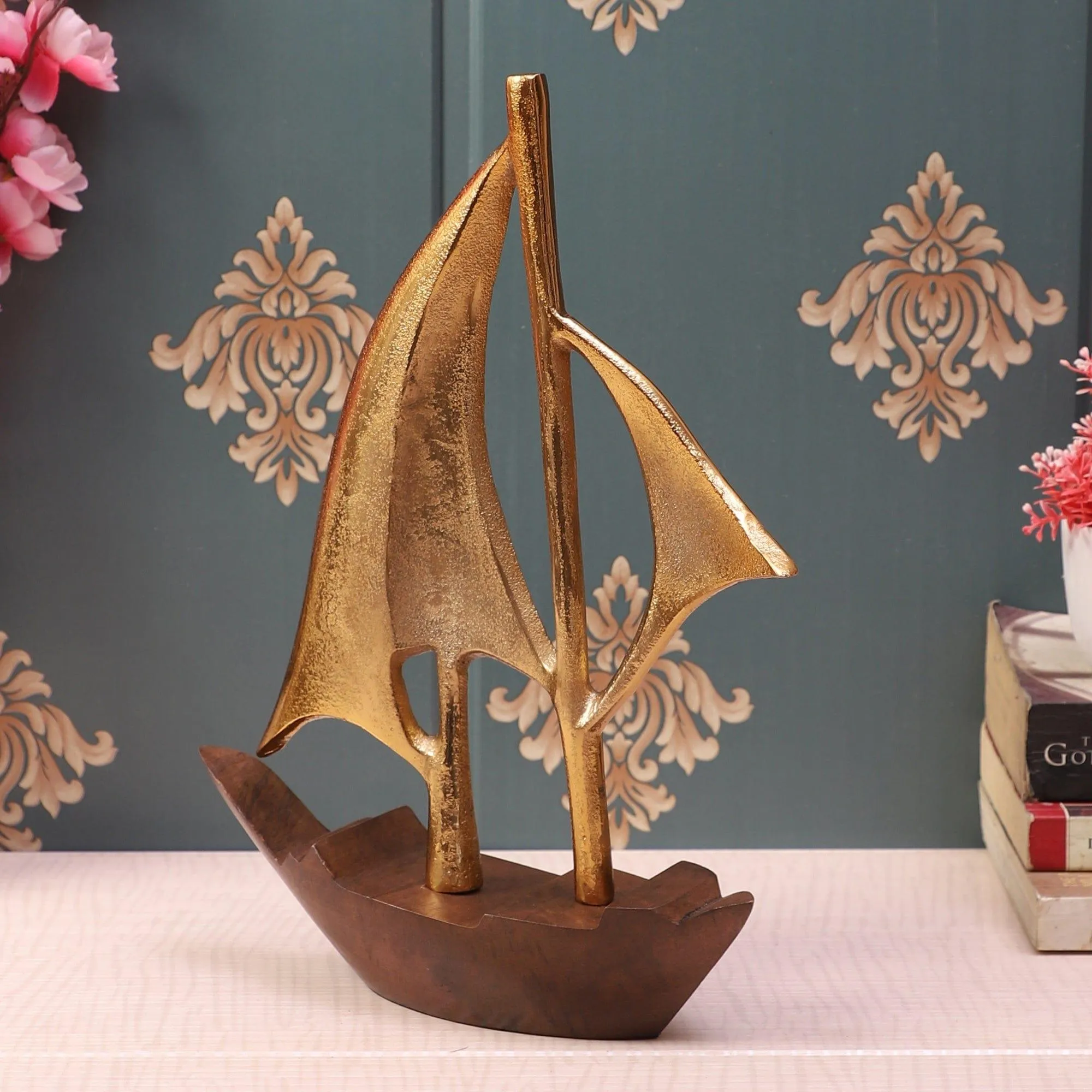Raw Matt Gold Aluminum and Wood Handcrafted Nautical Sailing Boat