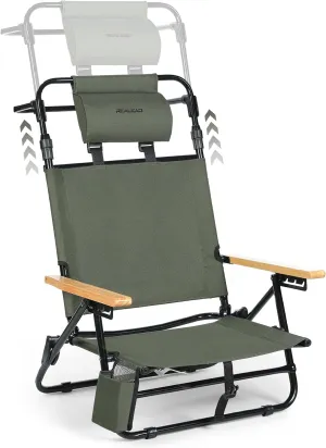 REALEAD Reclining Beach Chairs for Adults - Extendable High Back Low Profile Beach Chair with Headrest, Cooler Pouch, 4-Position Lay Flat Folding Beach Chairs Heavy Duty Support 330LBS