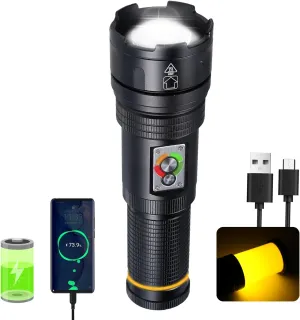Rechargeable Flashlights 20,000 High Lumens,1500M LED Super Bright Tactical Flashlight, Waterproof Torch Main Light with 4 Modes Tail Light with 6 Modes Zoomable Beam for Camping, Emergencies