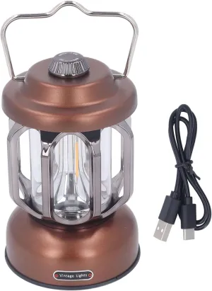 Rechargeable Led Retro Camping Lantern, 3 Modes Dimmable Waterproof Small Hanging Tent Light with Hook for Power Outages, Hiking (Brown)
