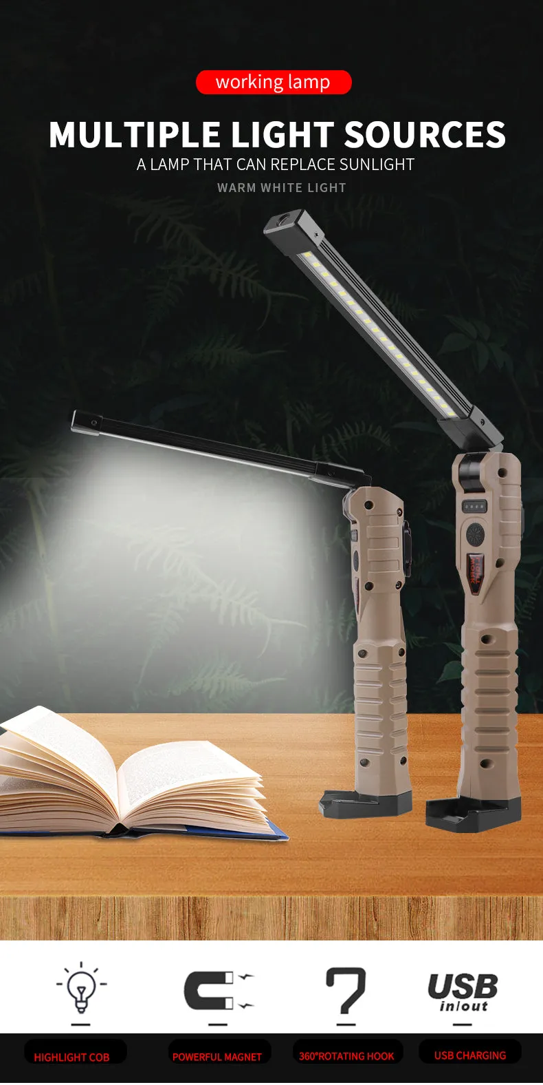 Rechargeable LED Work Light 1000 Lumen COB Lantern with Power Indicator for Outdoor Car Repair