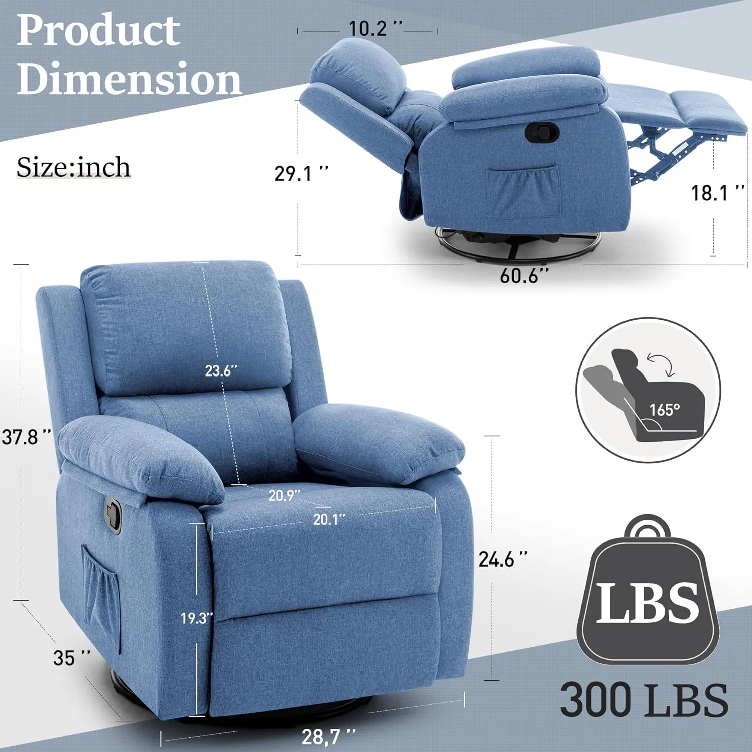 Recliner Chair, 360 Swivel Rocker Chair for Adults, Small Rocking Chair for Small Spaces, Upholstered Fabric Glider Nursery Recliner with Side Pockets for Living Room, Nursery