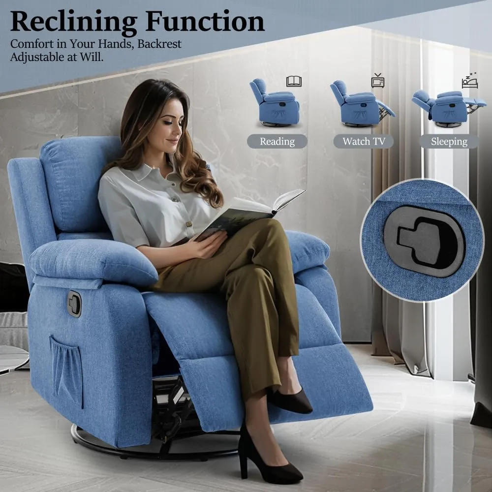 Recliner Chair, 360 Swivel Rocker Chair for Adults, Small Rocking Chair for Small Spaces, Upholstered Fabric Glider Nursery Recliner with Side Pockets for Living Room, Nursery