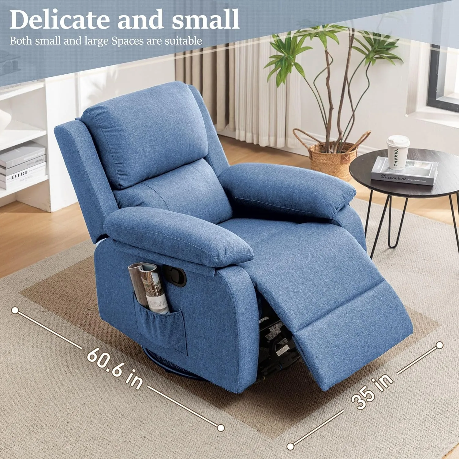 Recliner Chair, 360 Swivel Rocker Chair for Adults, Small Rocking Chair for Small Spaces, Upholstered Fabric Glider Nursery Recliner with Side Pockets for Living Room, Nursery