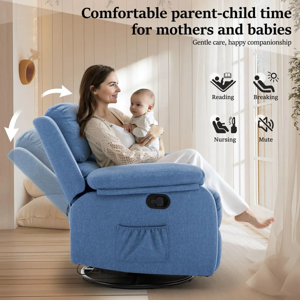 Recliner Chair, 360 Swivel Rocker Chair for Adults, Small Rocking Chair for Small Spaces, Upholstered Fabric Glider Nursery Recliner with Side Pockets for Living Room, Nursery