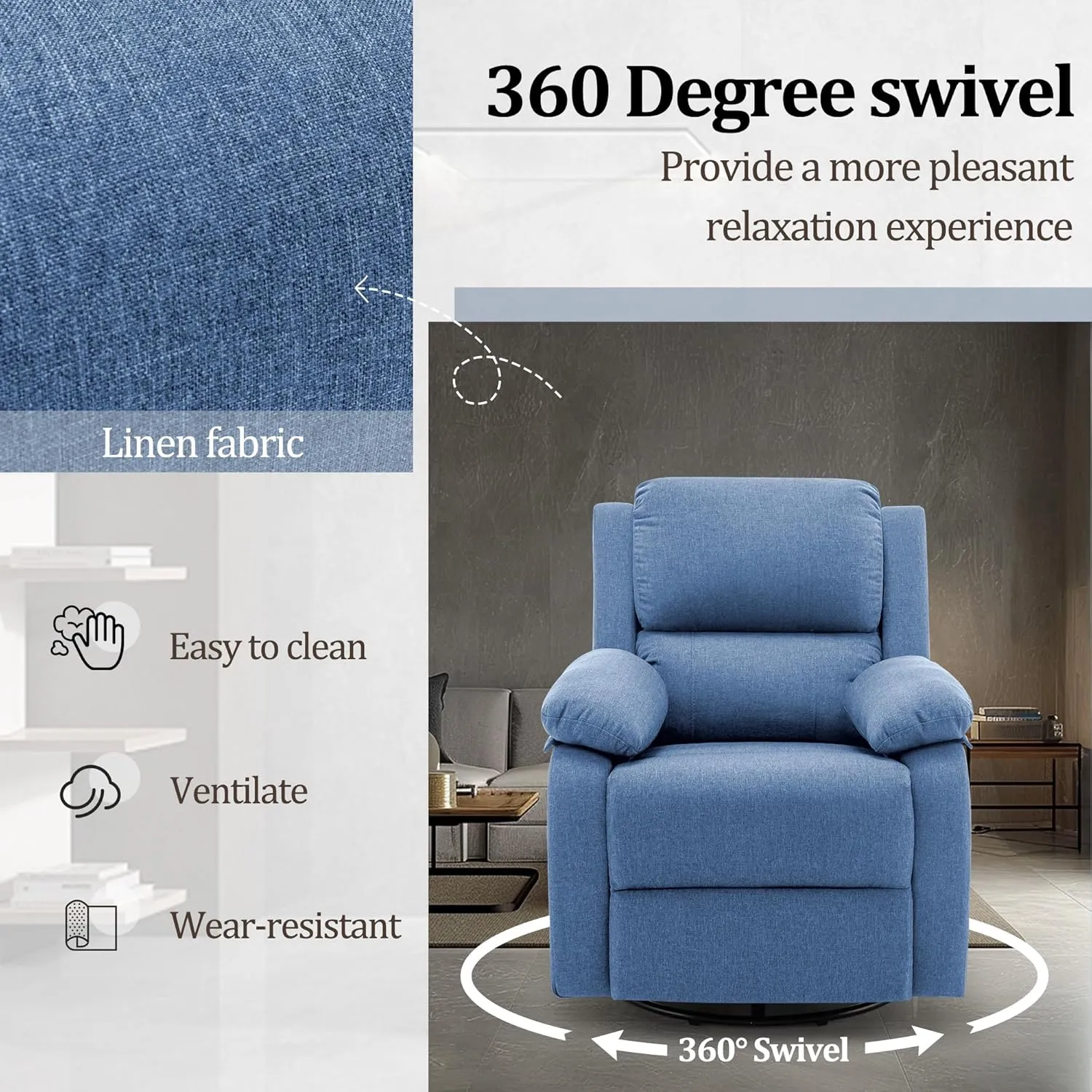 Recliner Chair, 360 Swivel Rocker Chair for Adults, Small Rocking Chair for Small Spaces, Upholstered Fabric Glider Nursery Recliner with Side Pockets for Living Room, Nursery