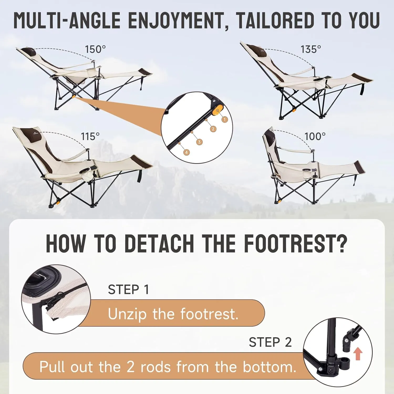 Reclining Camping Chair with Footrest, 4 Position Reclining Folding Lounger Chair with Removable Cushion for Adults (Off White)