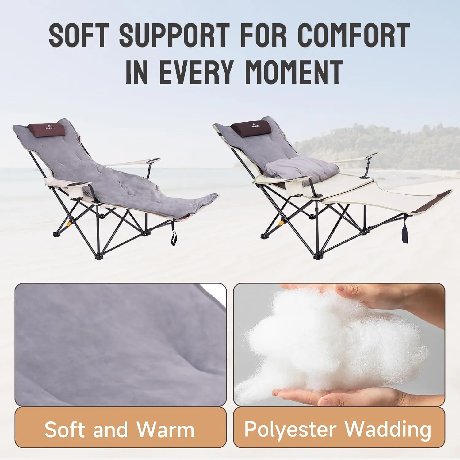 Reclining Camping Chair with Footrest, 4 Position Reclining Folding Lounger Chair with Removable Cushion for Adults (Off White)