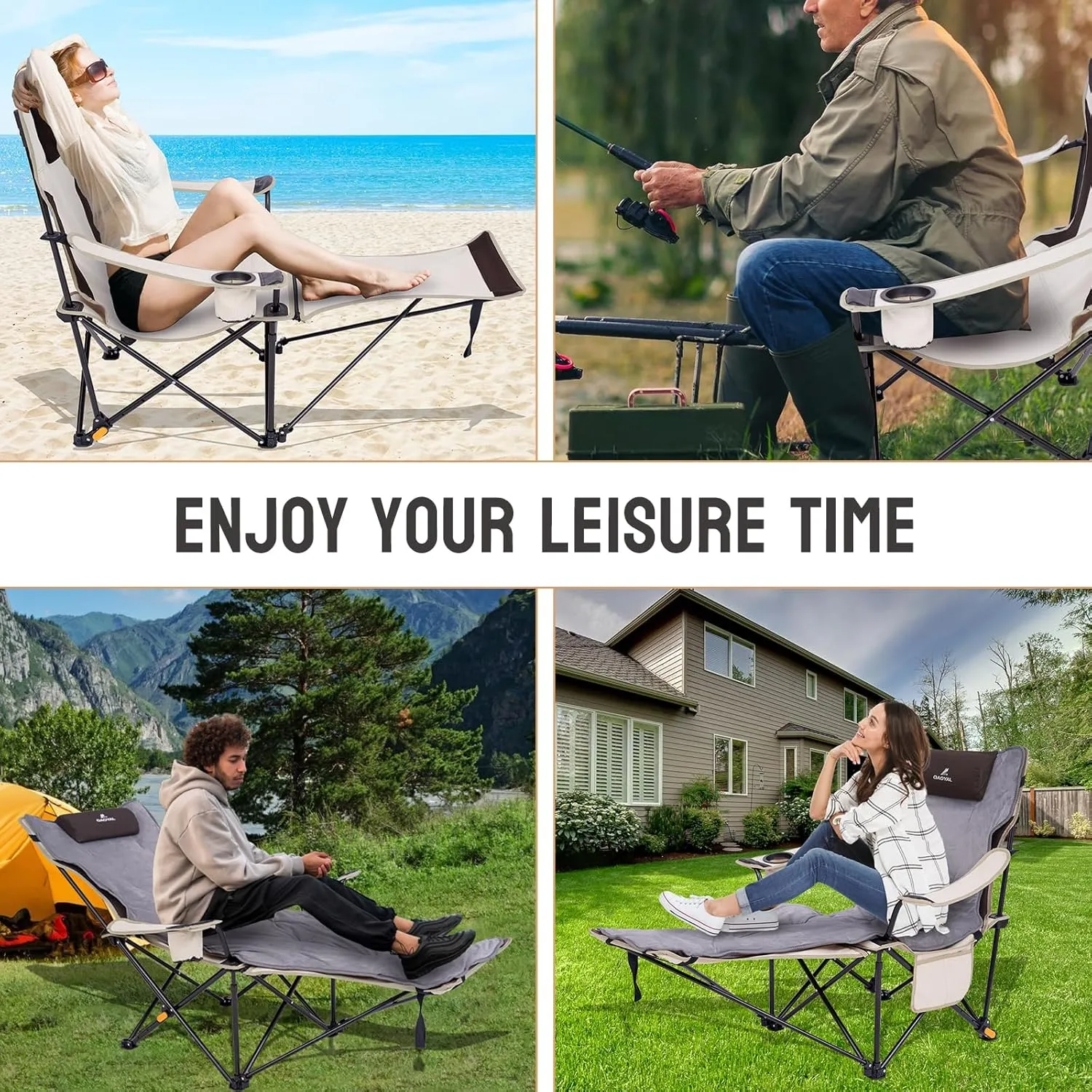 Reclining Camping Chair with Footrest, 4 Position Reclining Folding Lounger Chair with Removable Cushion for Adults (Off White)