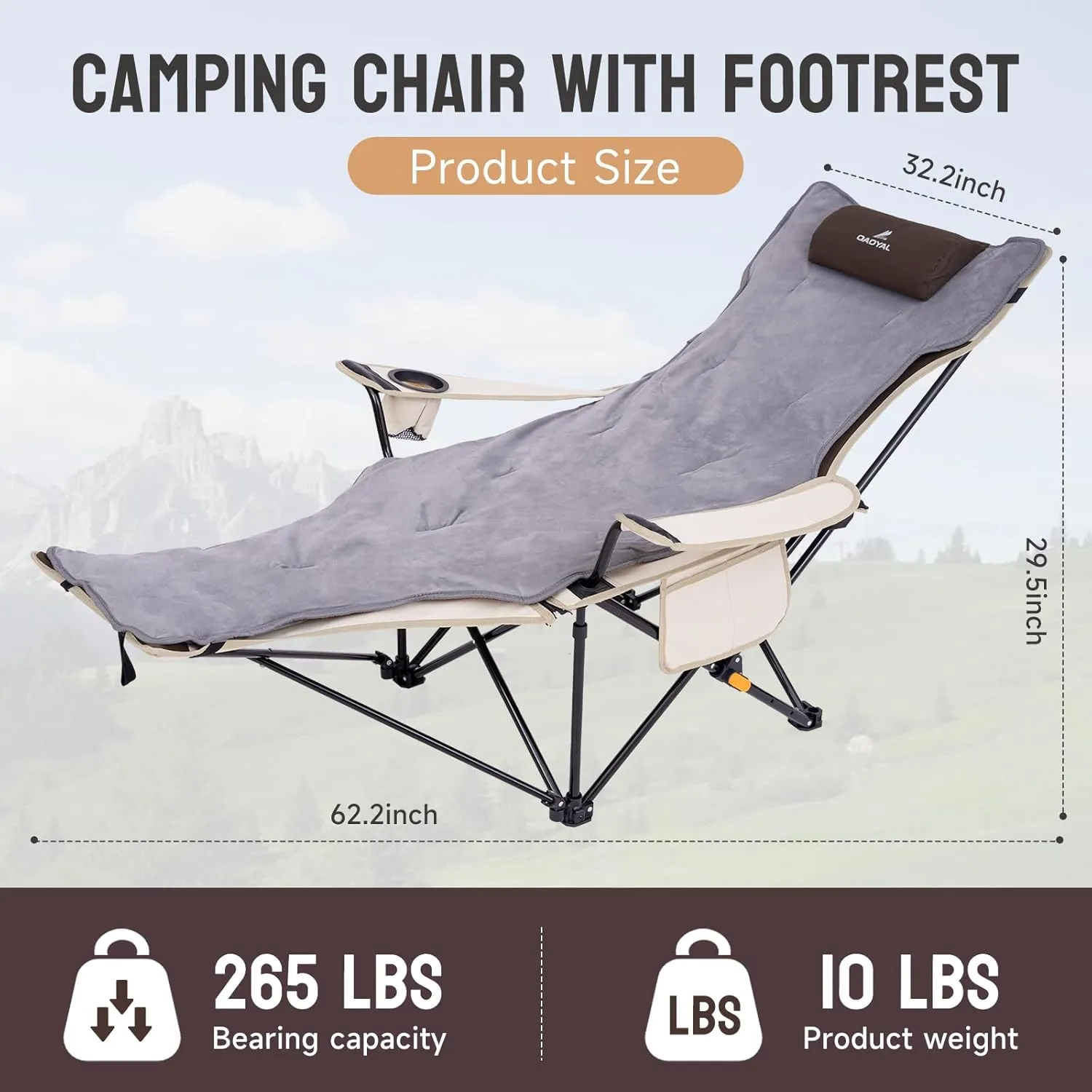 Reclining Camping Chair with Footrest, 4 Position Reclining Folding Lounger Chair with Removable Cushion for Adults (Off White)