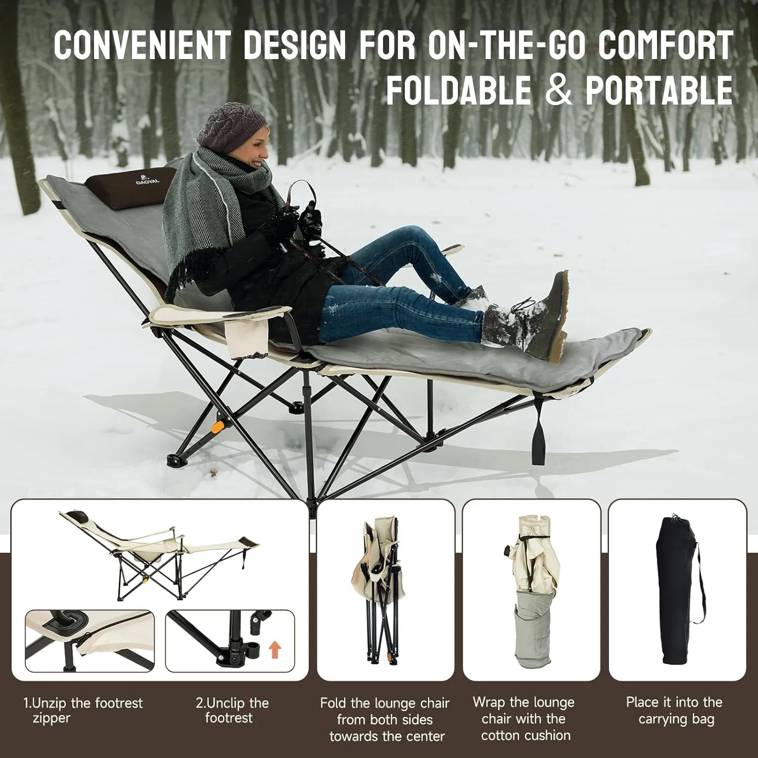 Reclining Camping Chair with Footrest, 4 Position Reclining Folding Lounger Chair with Removable Cushion for Adults (Off White)