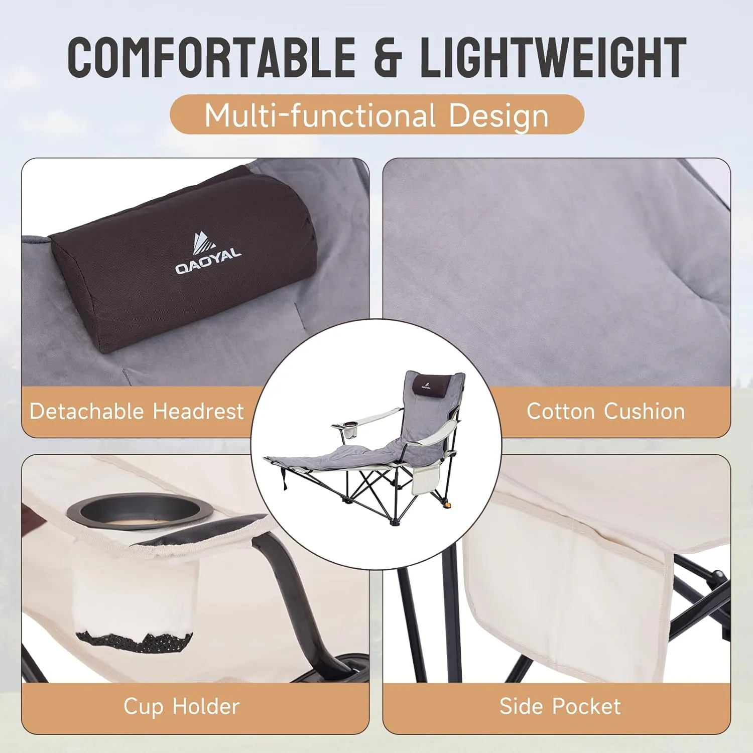 Reclining Camping Chair with Footrest, 4 Position Reclining Folding Lounger Chair with Removable Cushion for Adults (Off White)
