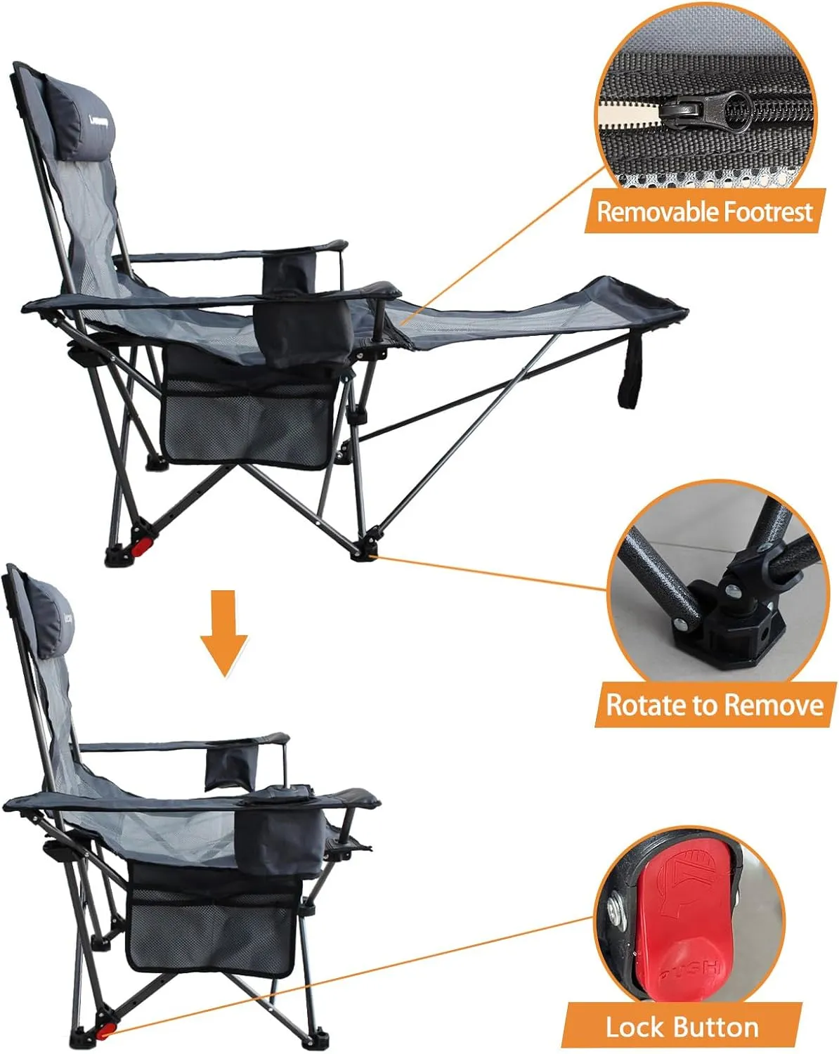 Reclining Camping Chair with Removable Footrest Lounge Chair with Headrest, Cotton Cushion, Portable Adjustable Folding Chairs